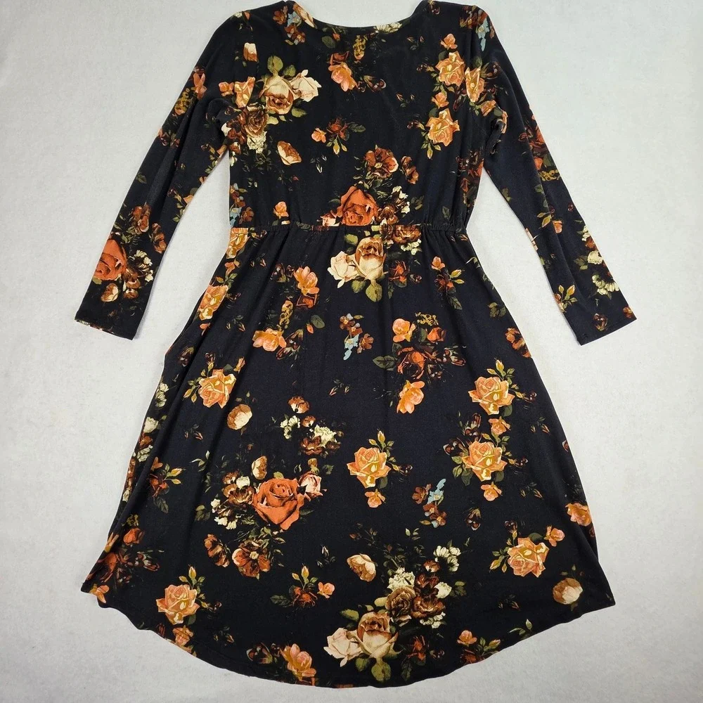 Reborn‎ J Women Large Midi Dress Black Floral Excellent Long Sleeve Pockets USA